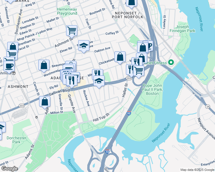 map of restaurants, bars, coffee shops, grocery stores, and more near 622 Gallivan Boulevard in Boston
