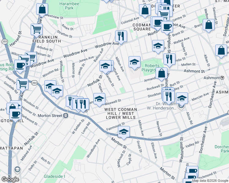 map of restaurants, bars, coffee shops, grocery stores, and more near 65 Stanton Street in Boston