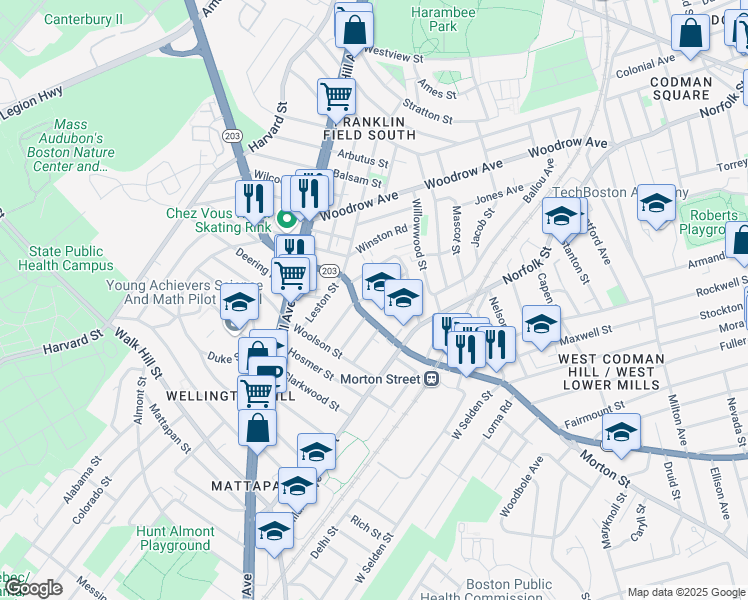 map of restaurants, bars, coffee shops, grocery stores, and more near 37 Wildwood Street in Boston