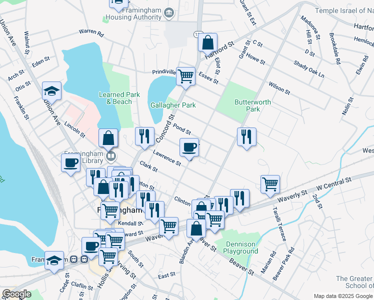 map of restaurants, bars, coffee shops, grocery stores, and more near 44 Everit Avenue in Framingham
