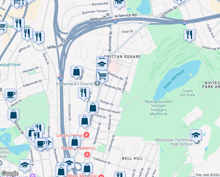 map of restaurants, bars, coffee shops, grocery stores, and more near 19 Mckinley Road in Worcester