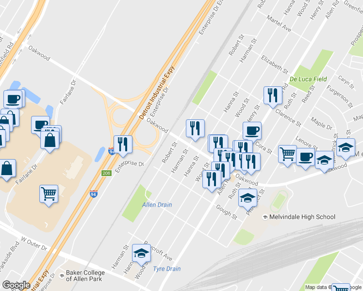 map of restaurants, bars, coffee shops, grocery stores, and more near 4431 Robert Street in Melvindale