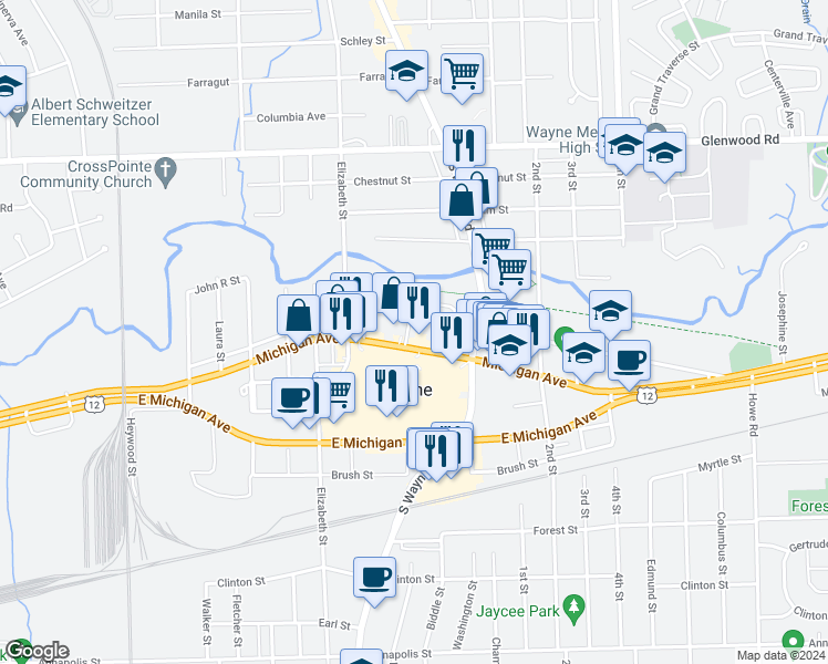map of restaurants, bars, coffee shops, grocery stores, and more near 35240 Sims Street in Wayne