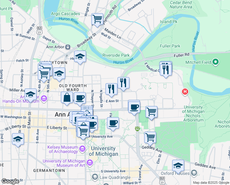 map of restaurants, bars, coffee shops, grocery stores, and more near 333 Glen Avenue in Ann Arbor