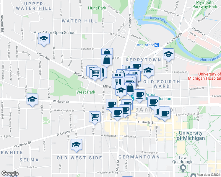map of restaurants, bars, coffee shops, grocery stores, and more near 100 Miller Avenue in Ann Arbor
