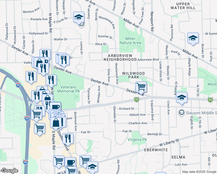 map of restaurants, bars, coffee shops, grocery stores, and more near 2002 Dexter Avenue in Ann Arbor