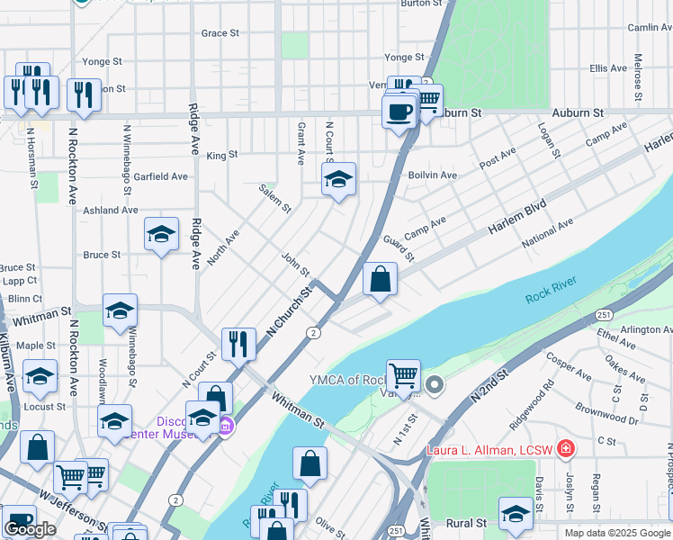 map of restaurants, bars, coffee shops, grocery stores, and more near 314 Salem Street in Rockford