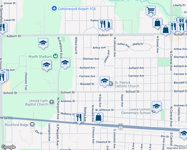 map of restaurants, bars, coffee shops, grocery stores, and more near 2726 Ashland Court in Rockford