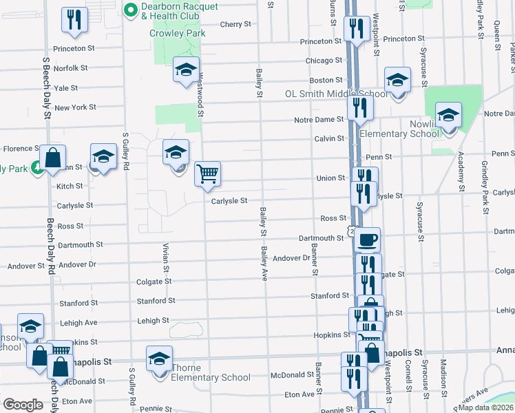 map of restaurants, bars, coffee shops, grocery stores, and more near 24604 Carlysle Street in Dearborn
