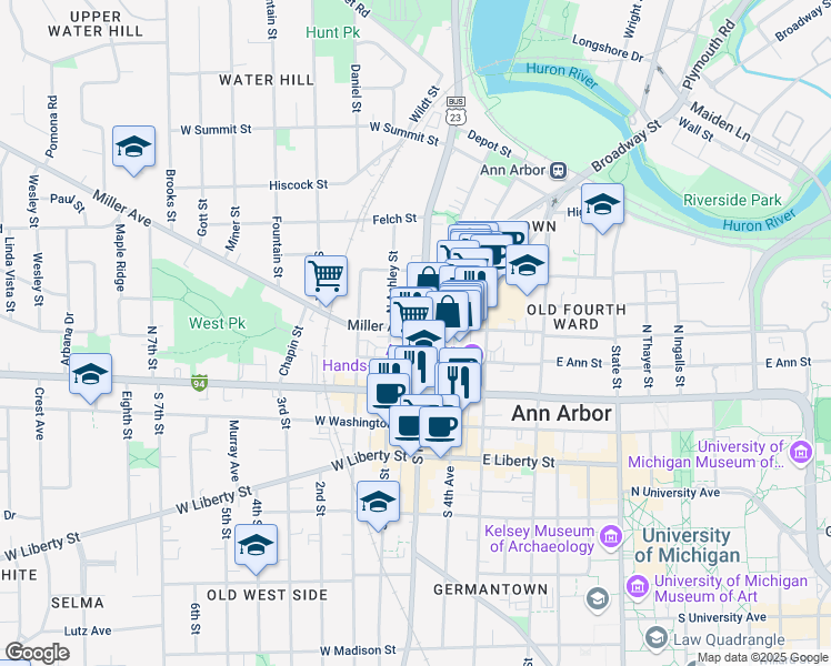 map of restaurants, bars, coffee shops, grocery stores, and more near 300 North Main Street in Ann Arbor