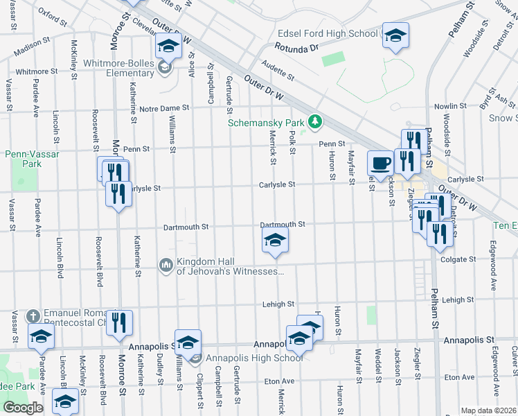 map of restaurants, bars, coffee shops, grocery stores, and more near 3745 Harding Street in Dearborn