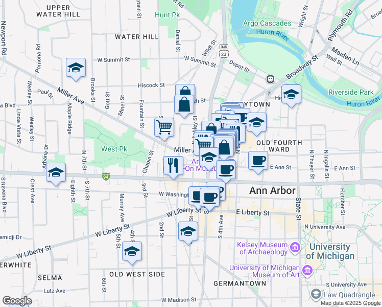map of restaurants, bars, coffee shops, grocery stores, and more near 100 Miller Avenue in Ann Arbor