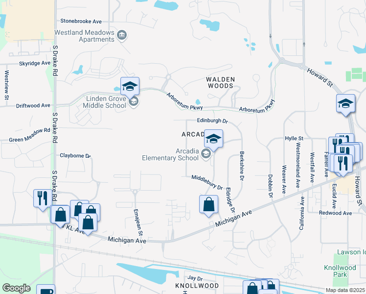map of restaurants, bars, coffee shops, grocery stores, and more near 908 Ellendale Street in Kalamazoo