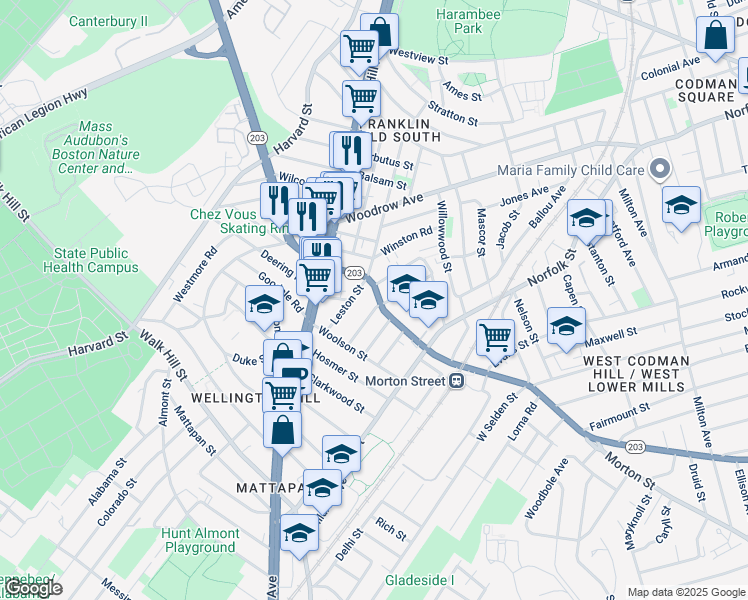 map of restaurants, bars, coffee shops, grocery stores, and more near 757 Morton Street in Boston