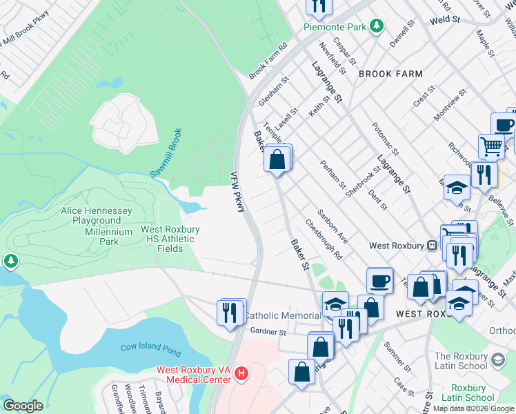map of restaurants, bars, coffee shops, grocery stores, and more near 20 Durant Street in Boston