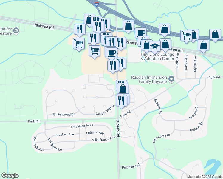 map of restaurants, bars, coffee shops, grocery stores, and more near 5527 Cambridge Club Circle in Ann Arbor