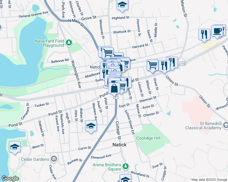 map of restaurants, bars, coffee shops, grocery stores, and more near 27 South Main Street in Natick