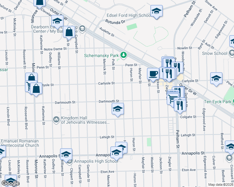 map of restaurants, bars, coffee shops, grocery stores, and more near 3744 Hipp Street in Dearborn