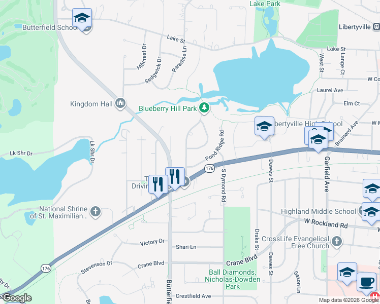 map of restaurants, bars, coffee shops, grocery stores, and more near 161 Acorn Lane in Libertyville