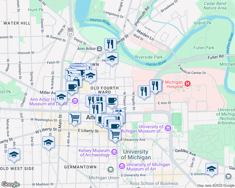 map of restaurants, bars, coffee shops, grocery stores, and more near 701 Catherine Street in Ann Arbor