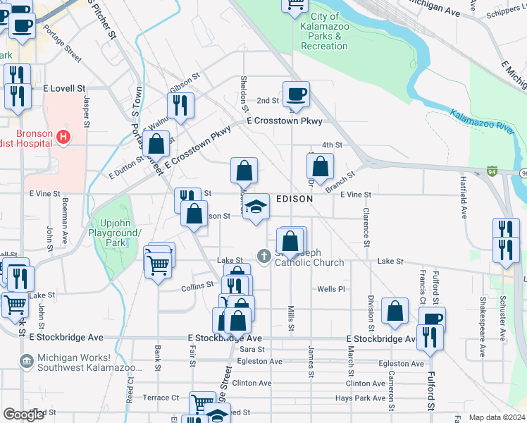 map of restaurants, bars, coffee shops, grocery stores, and more near 925 Jackson Street in Kalamazoo