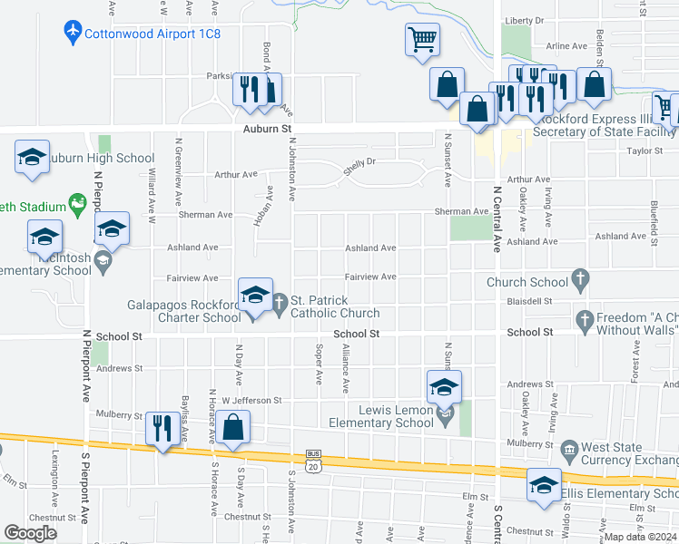 map of restaurants, bars, coffee shops, grocery stores, and more near 702 Alliance Avenue in Rockford