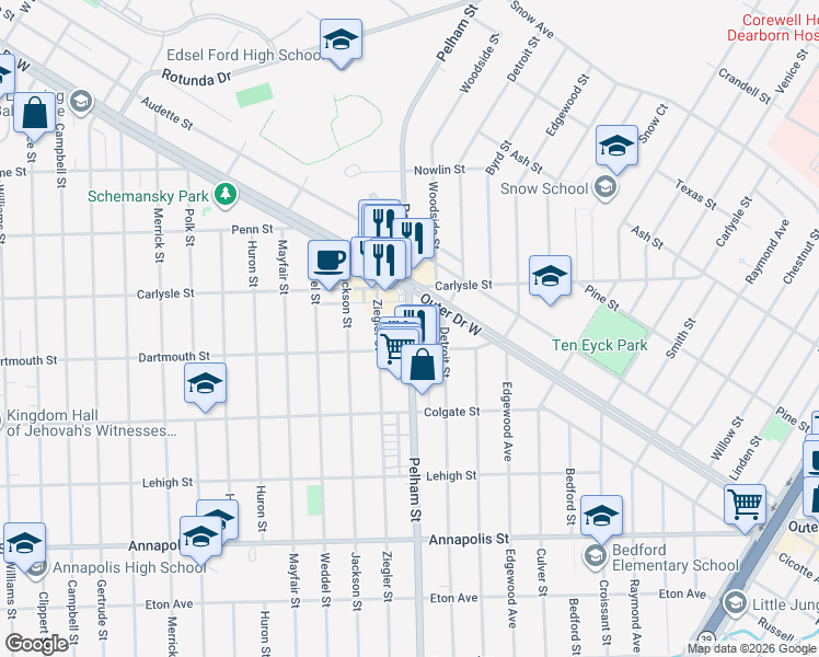 map of restaurants, bars, coffee shops, grocery stores, and more near 3820 Pelham Street in Dearborn