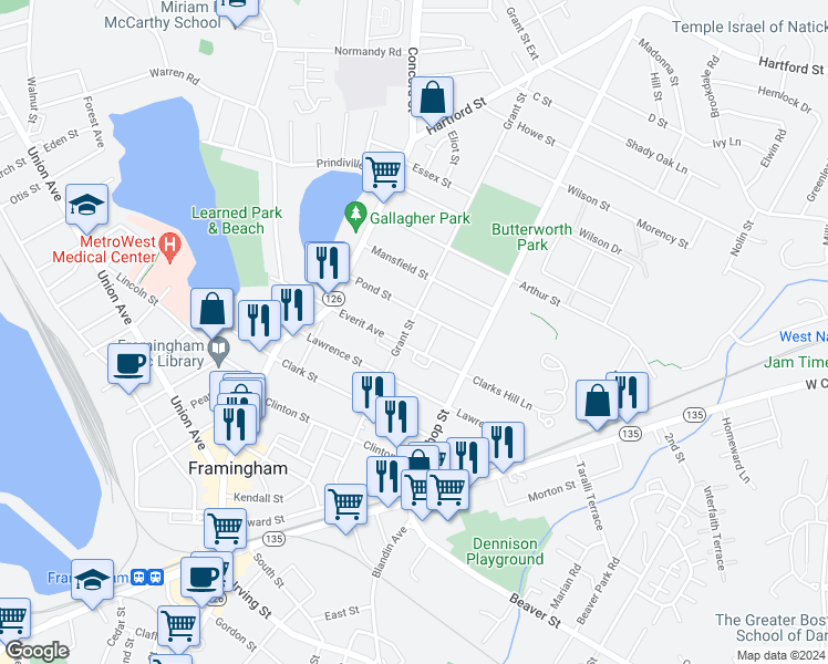 map of restaurants, bars, coffee shops, grocery stores, and more near 151 Grant Street in Framingham