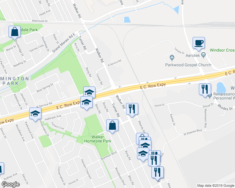 map of restaurants, bars, coffee shops, grocery stores, and more near 641 South Service Road in Windsor