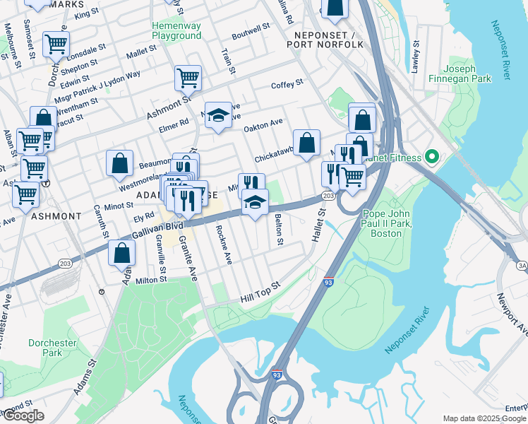 map of restaurants, bars, coffee shops, grocery stores, and more near 622 Gallivan Boulevard in Boston