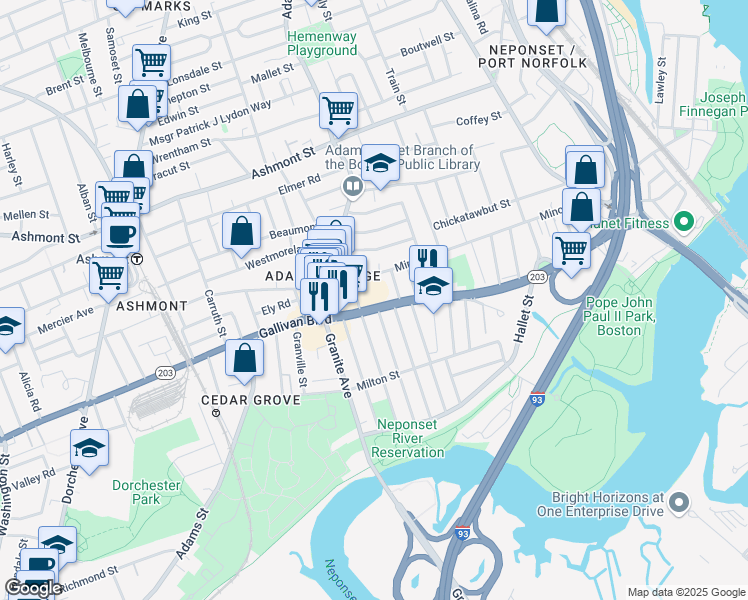 map of restaurants, bars, coffee shops, grocery stores, and more near 566 Gallivan Boulevard in Boston
