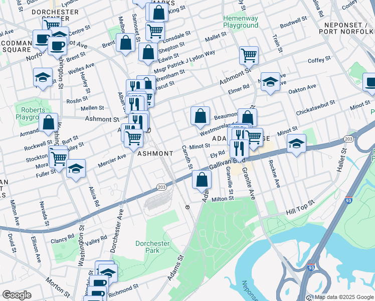 map of restaurants, bars, coffee shops, grocery stores, and more near 41 Carruth Street in Boston
