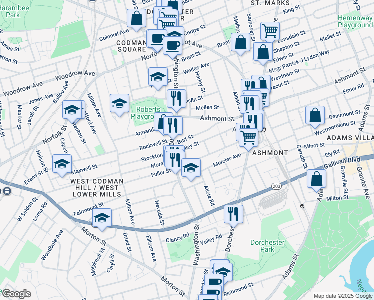 map of restaurants, bars, coffee shops, grocery stores, and more near 18 Bailey Street in Boston