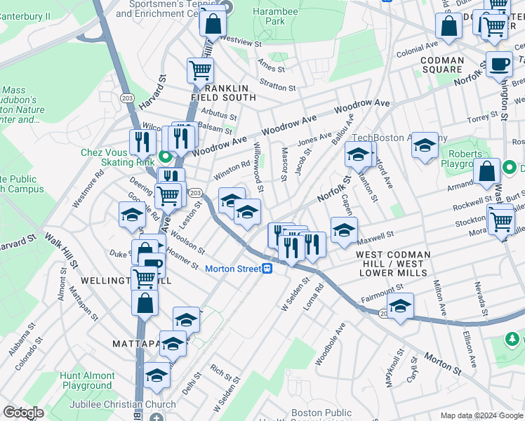 map of restaurants, bars, coffee shops, grocery stores, and more near 21 Middleton Street in Boston