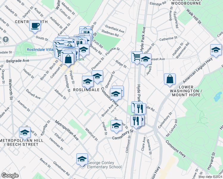 map of restaurants, bars, coffee shops, grocery stores, and more near 76 Johnswood Road in Boston