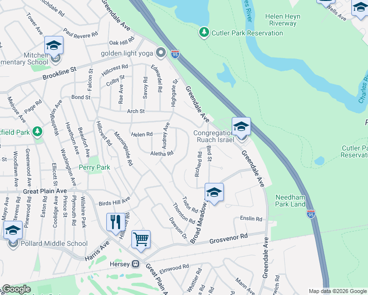 map of restaurants, bars, coffee shops, grocery stores, and more near 170 Tudor Road in Needham