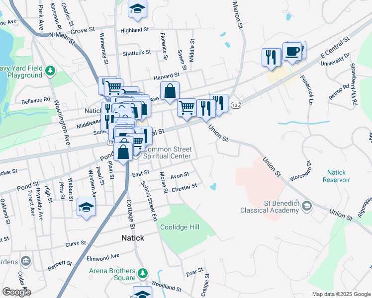 map of restaurants, bars, coffee shops, grocery stores, and more near 14 Grant Street in Natick