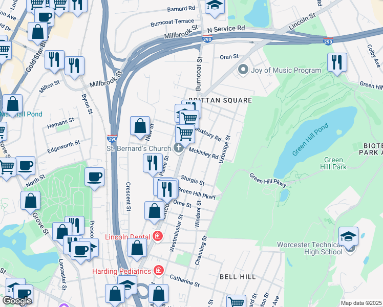 map of restaurants, bars, coffee shops, grocery stores, and more near 3 Mckinley Road in Worcester