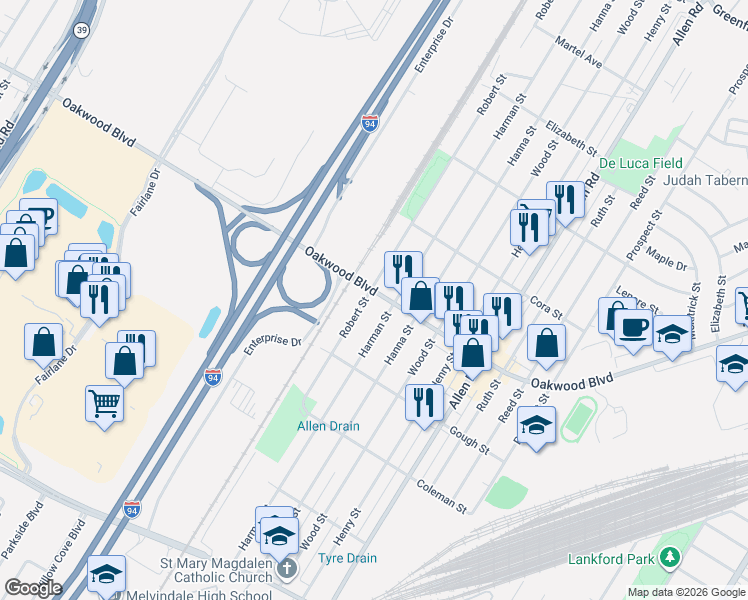 map of restaurants, bars, coffee shops, grocery stores, and more near 4431 Robert Street in Melvindale