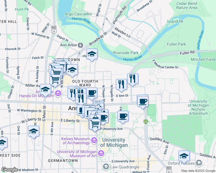 map of restaurants, bars, coffee shops, grocery stores, and more near 311 North Ingalls Street in Ann Arbor