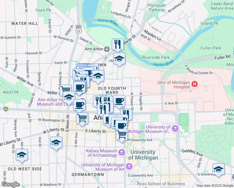 map of restaurants, bars, coffee shops, grocery stores, and more near in Ann Arbor