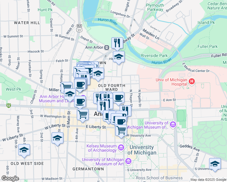 map of restaurants, bars, coffee shops, grocery stores, and more near in Ann Arbor