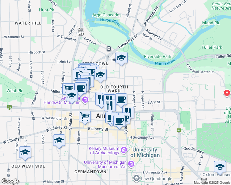 map of restaurants, bars, coffee shops, grocery stores, and more near in Ann Arbor