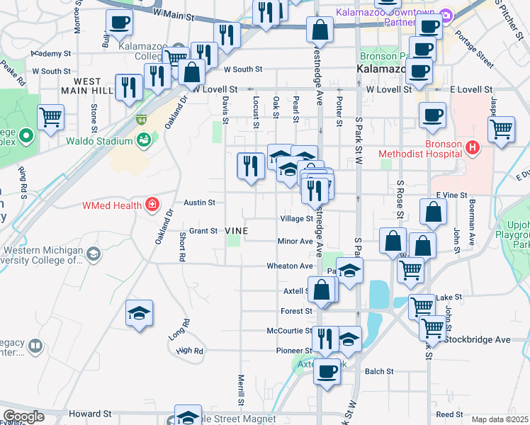 map of restaurants, bars, coffee shops, grocery stores, and more near 817 Locust Place in Kalamazoo