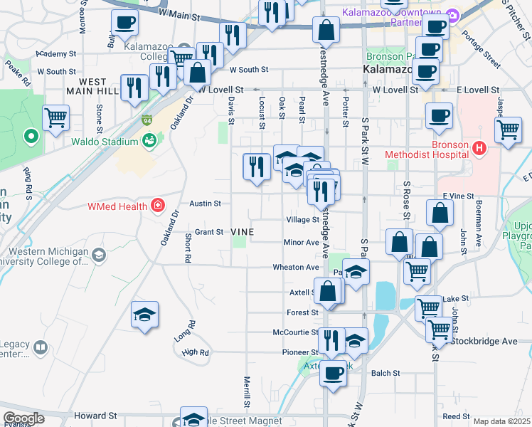 map of restaurants, bars, coffee shops, grocery stores, and more near 817 Locust Place in Kalamazoo