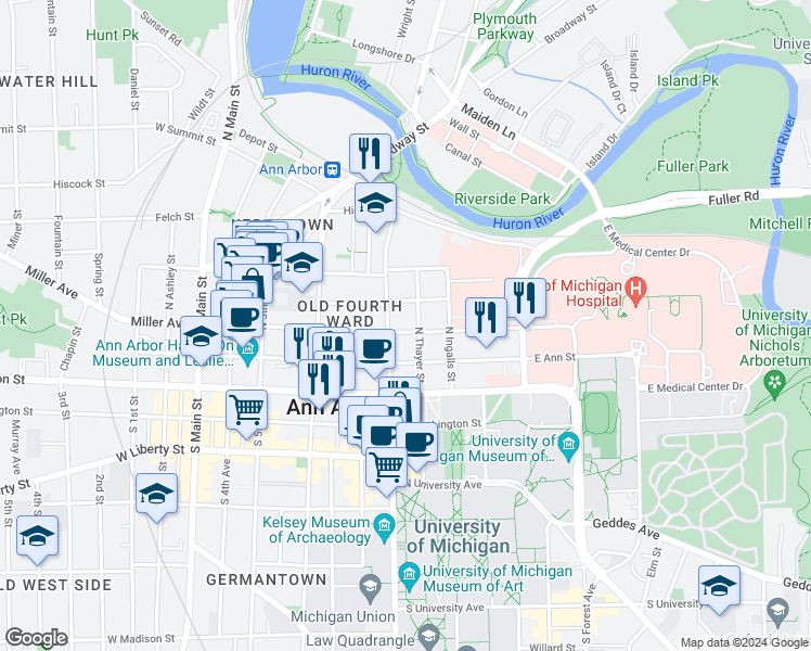 map of restaurants, bars, coffee shops, grocery stores, and more near 713 Catherine Street in Ann Arbor