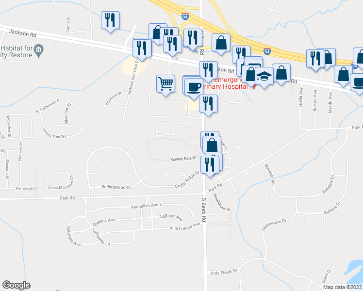 map of restaurants, bars, coffee shops, grocery stores, and more near 5501 Cambridge Club Cir in Ann Arbor Charter Township