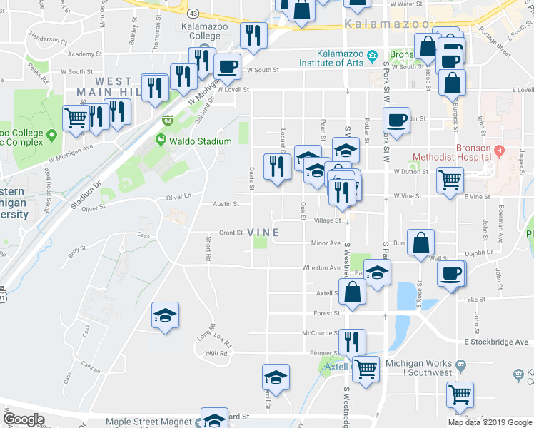 map of restaurants, bars, coffee shops, grocery stores, and more near 822 Village Court in Kalamazoo