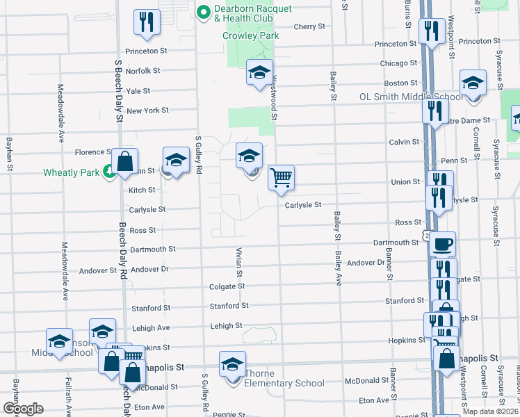 map of restaurants, bars, coffee shops, grocery stores, and more near 112 Francesco Court in Dearborn
