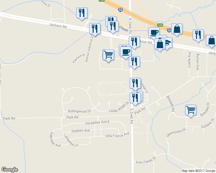 map of restaurants, bars, coffee shops, grocery stores, and more near 5535 Cambridge Club Circle in Ann Arbor